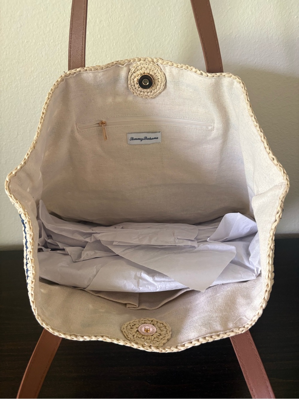 Tommy Bahama Natural Straw Tote with Navy Stripes and Brown Handles - Picture 3 of 5
